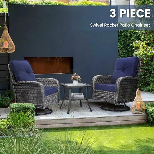 3 Piece Rattan Wicker Bistro Set, Outdoor Conversation Furniture Set with Glass Top Table, Space Saving for Balcony, Backyard, Natural