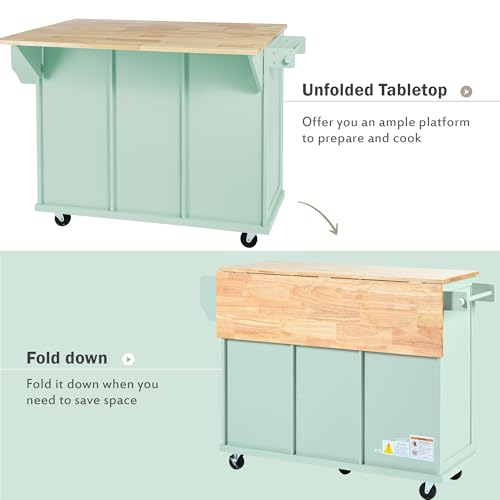 55.7'' Large Kitchen Island with 2 Drop Leaf, Rolling Kitchen Cart on 5 Wheels with Power Outlet