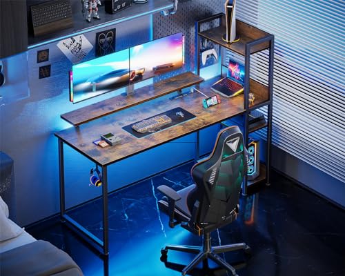 ODK Reversible Gaming Desk with Power Outlets, 40 Inch Computer Desk with Storage Shelves and Monitor Stand, Small Gamer Desk for Home Office