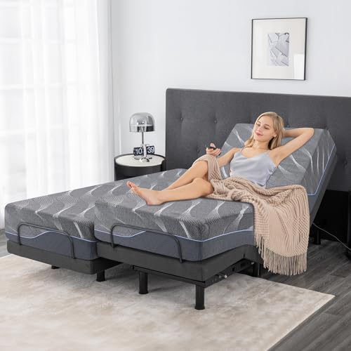Split King Adjustable Bed Frame with Mattress, 12 Inch Grey Gel Memory Foam Medium-Firm Mattress in Box