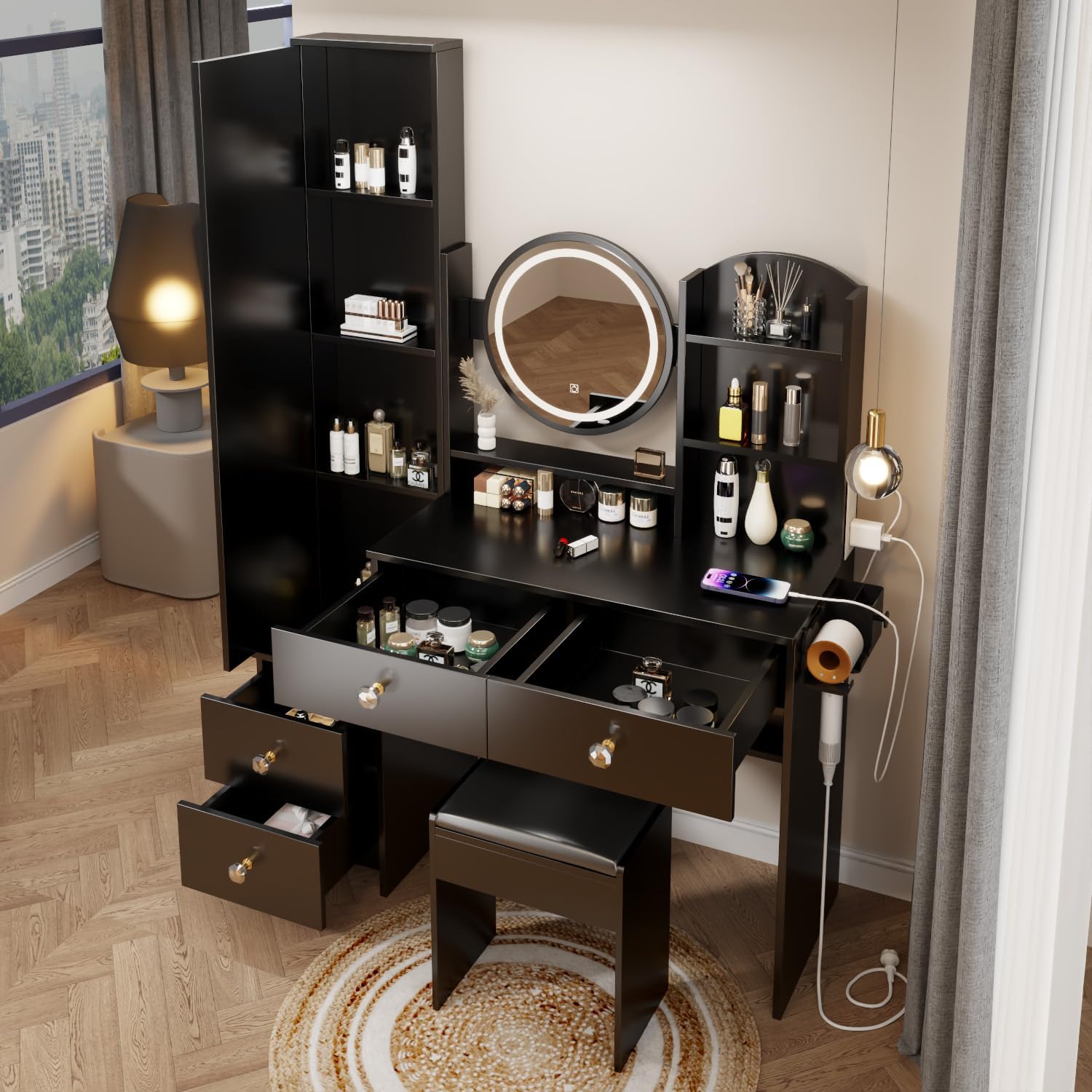 NicBex 43.3" Makeup Vanity Desk with Mirror and Full Body Mirror Cabinet, 3-Colors Vanity Mirror with 2 AC + 2 USB Socket