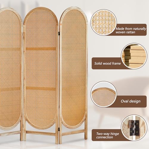 3 Panel Room Dividers and Folding Privacy Screens, Hand-Made Rattan Room Divider with Bi-Directional Hinge