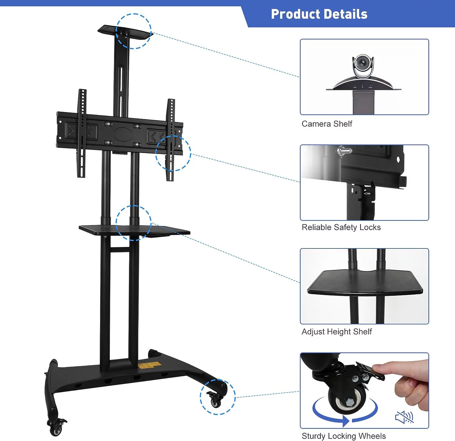 Mobile TV Cart TV Stand with Wheels for 32 to 70 inch Screens up to 99 lbs, Height Adjustable Rolling TV Cart with Camera