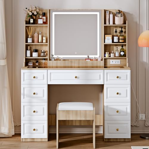 43" Makeup Vanity Desk with Mirror and Lights, & Power Outl, Glass Top Big Vanity Table with 9 Drawers& 8 Storage Shelves