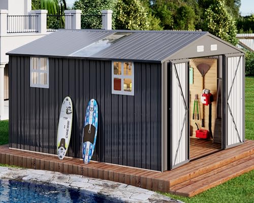 AMERLIFE 10.1x11.5x7.4 FT Galvanized Steel Storage Shed with Skylight Panels, 2 4-Pane Windows & Hinged Double Doors, Outdoor Shed for Backyard