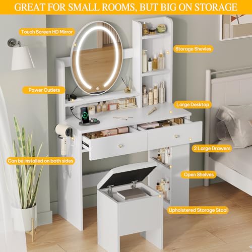 DWVO Vanity Desk with Mirror and Lights, Makeup Vanity Table Set with Power Outlets and Chair, 3 Lighting Colors