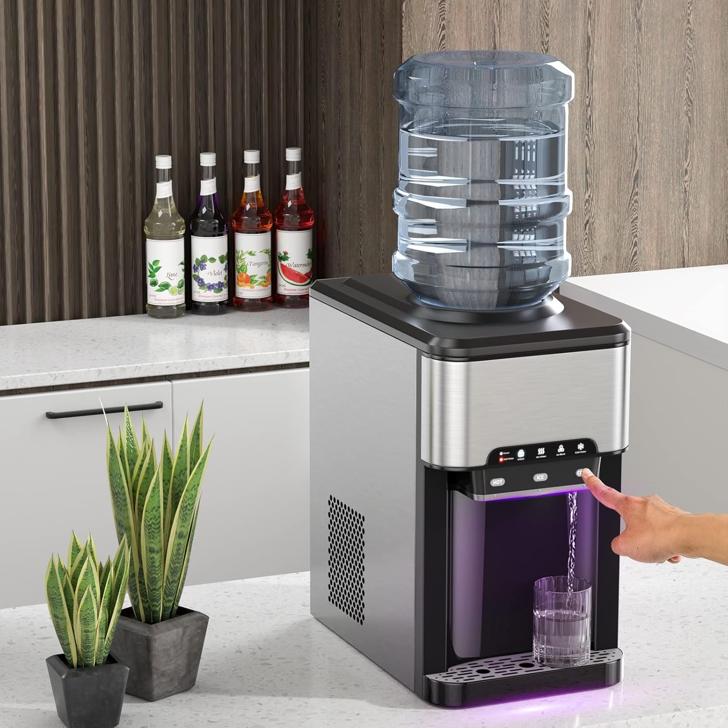PETSITE Countertop Water Cooler Dispenser with Ice Maker, 3 in 1 Top-Loading Hot & Cold Water Dispenser 5 Gallon, 48 LBS Daily-Ice