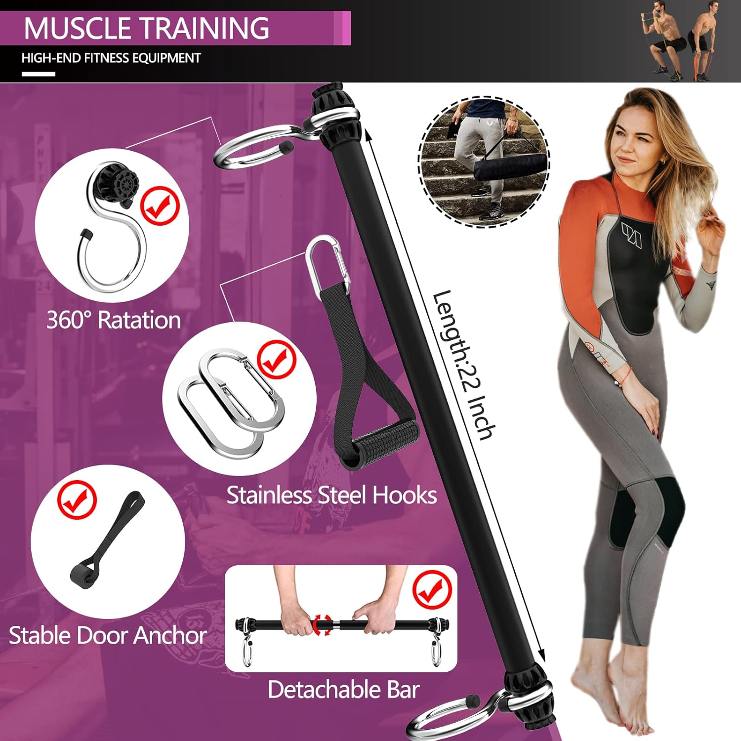 Resistance Bands Bar Set Portable Home Gym Equipment for Adults Strength Training for Chest Press Deadlift Squats Curl Full Body Workout Bands