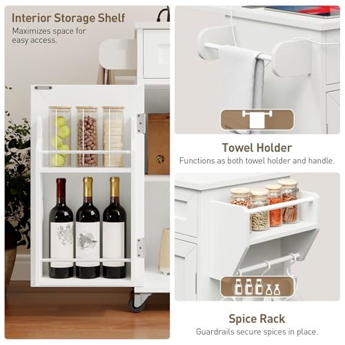 Kitchen Island with Power Outlets & Drop Leaf, Kitchen Cart with Storage, Drawer and Spice Rack, Tower Rack, Island Table, White and Walnut