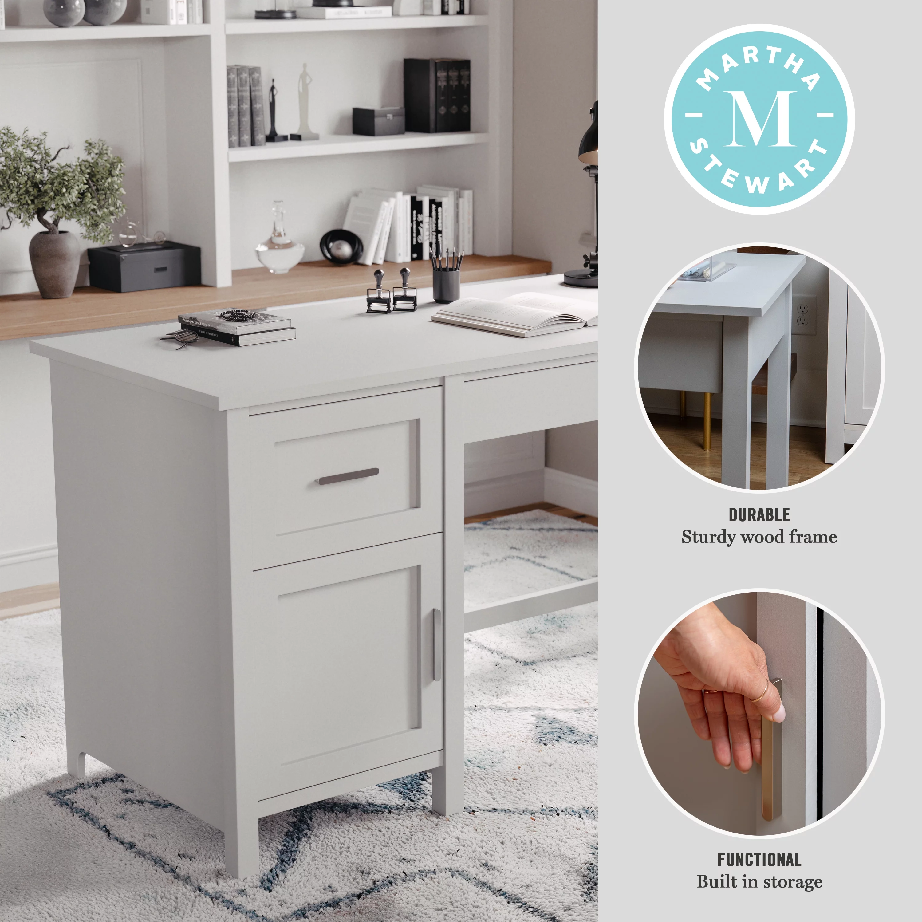 Martha Stewart Hutton Shaker Style Home Office Desk with Storage in Gray with Brushed Nickel Hardware