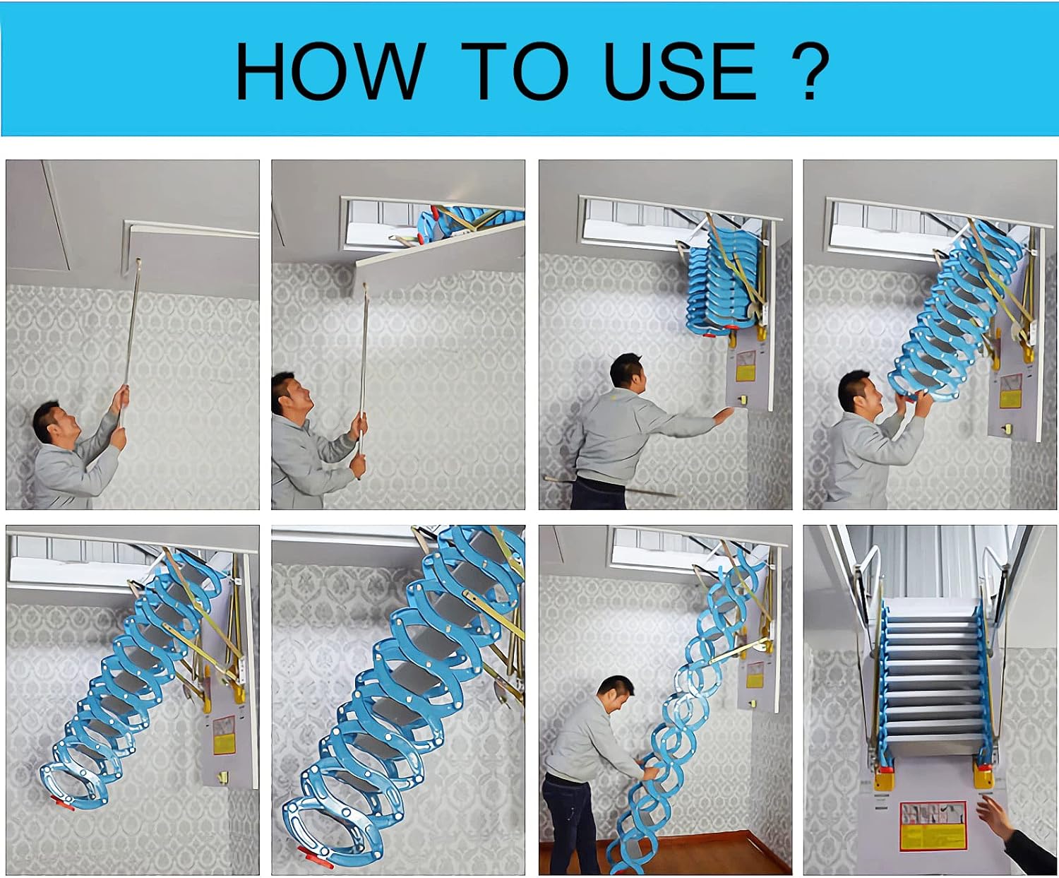 TECHTONGDA Attic Ceiling Ladder Pull Down Attic Stairs Blue Folding Loft Ladder Stairs 9.8ft Hight Ceiling Mounted Carbon Steel Attic Access Ladder