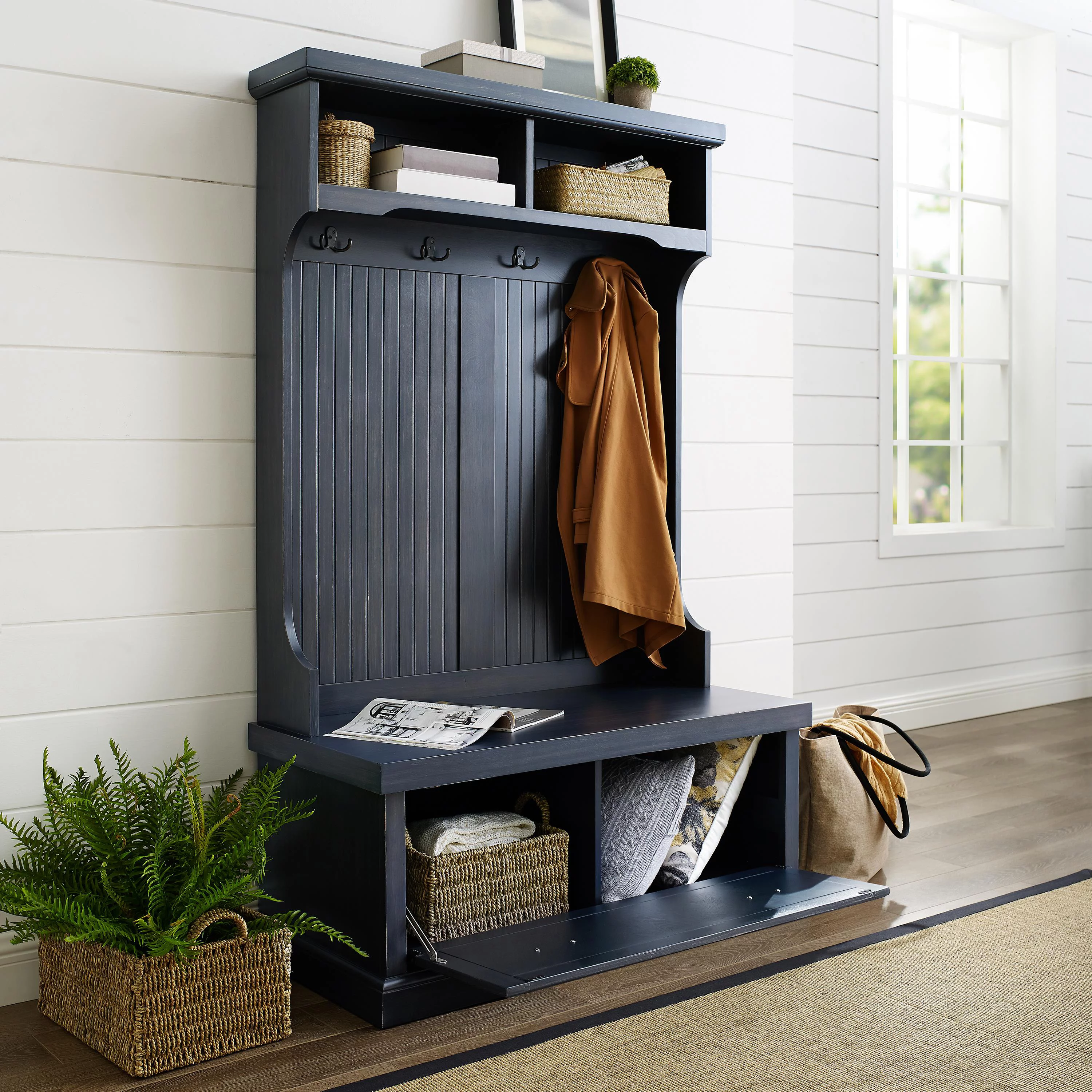 Crosley Furniture Seaside Wood 4 Hook Hall Tree in Distressed Navy