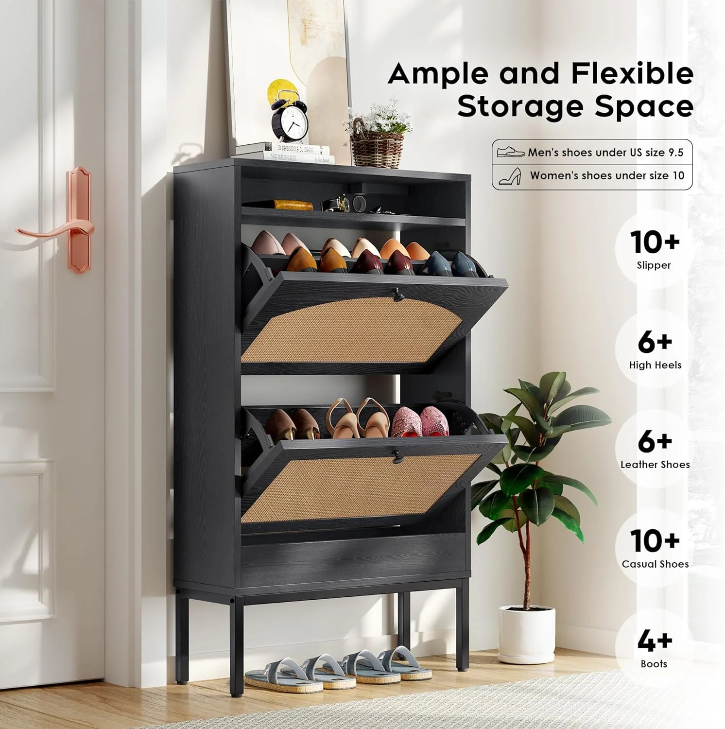 Shoe Storage Cabinet, Freestanding Organizer with Doors, Narrow Shoe Rack Cabinet, Slim Hidden Cabinet for Entryway/Hallway (Black, Small)