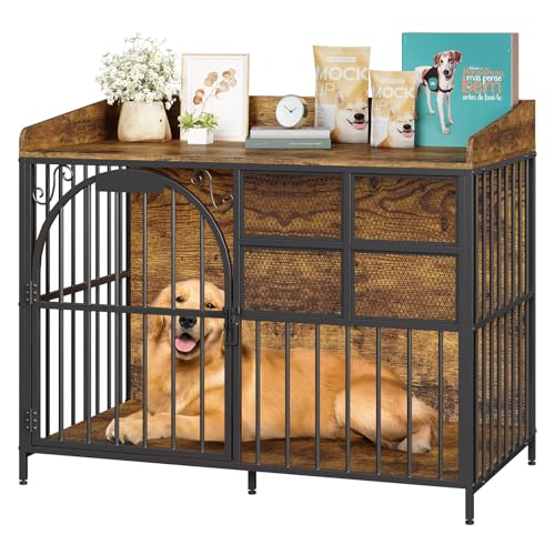 41.4" Large Dog Crate Furniture with Chew-Resistant, Heavy Duty Dog Kennel Indoor with Storage, End Table Wooden Dog Cage with Name Tag