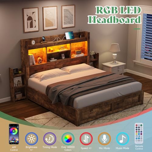 AMERLIFE Queen Bed Frame with 4 Storage Drawers, LED Platform Bed with 49" Bookcase Headboard