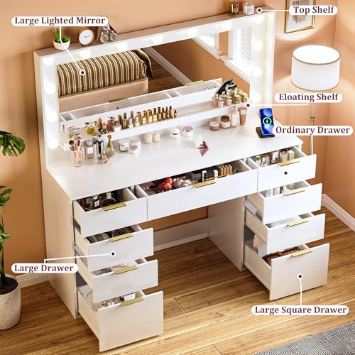 Vanity Desk with Large Mirror and Lights, 45.3in Makeup Vanity with Power Outlet 9 Drawers & Storage, 3 Lighting Color Adjustable