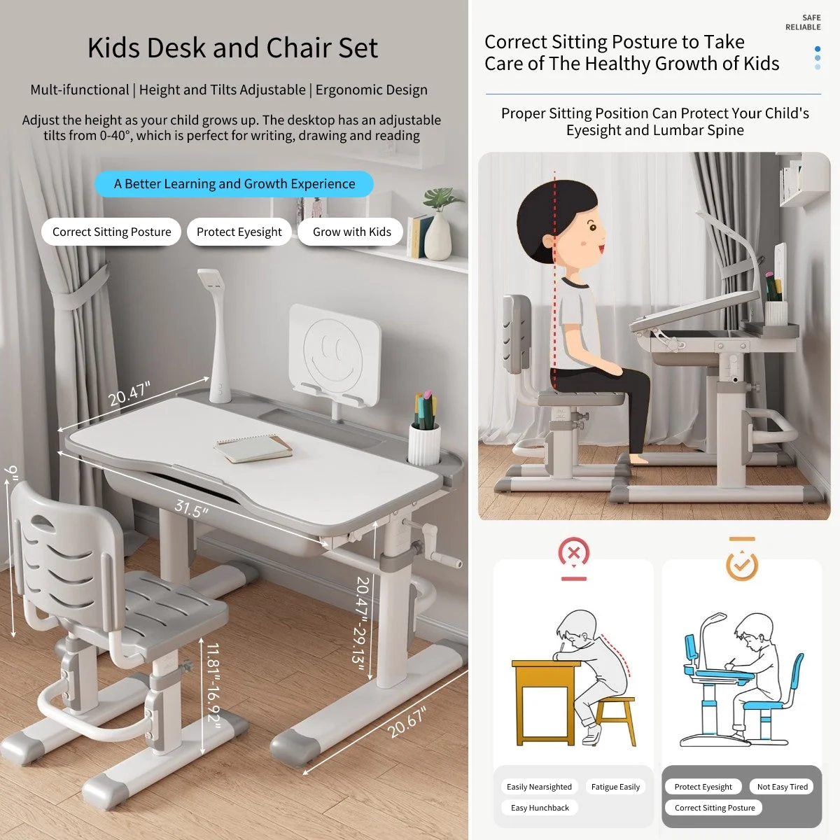 Kids Study Desk and Chair Set Height Adjustable, Ergonomic Children Study Table with Tilt Desktop