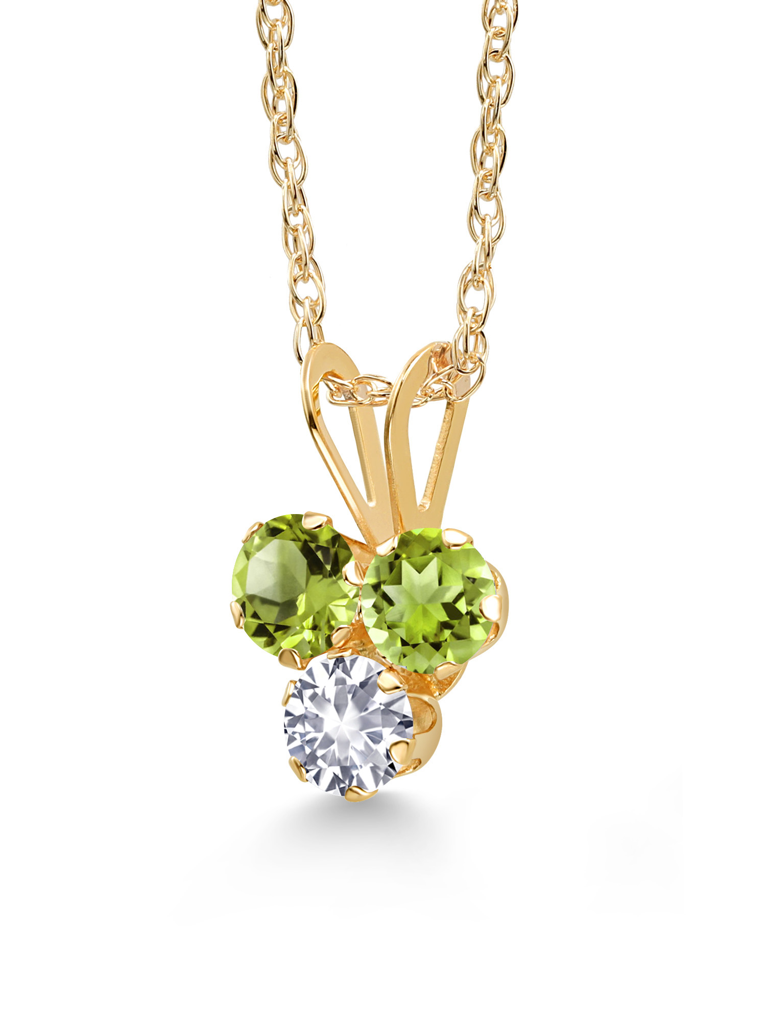 Gem Stone King 14K Yellow Gold Green Peridot and White Created Sapphire 3-Stone Pendant Necklace For Women (0.37 Cttw, Gemstone August Birthstone