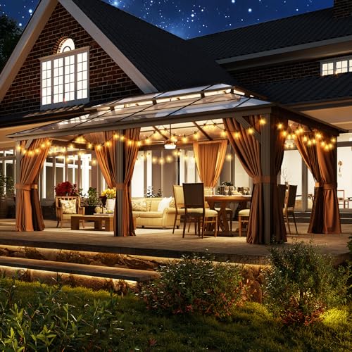 Aoxun 12'x16' Hardtop Gazebo, Aluminum Frame Permanent Pavilion with Netting and Curtains, Outdoor Polycarbonate Double Roof Canopy