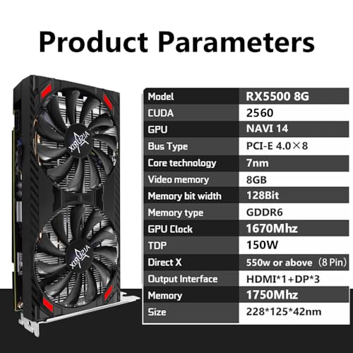 RX 5500 XT 8gb GDDR6 Graphics Card,128 Bit, 2XDP, HDMI, PCI Express 4.0X8, 8pin with Fan Intelligent System