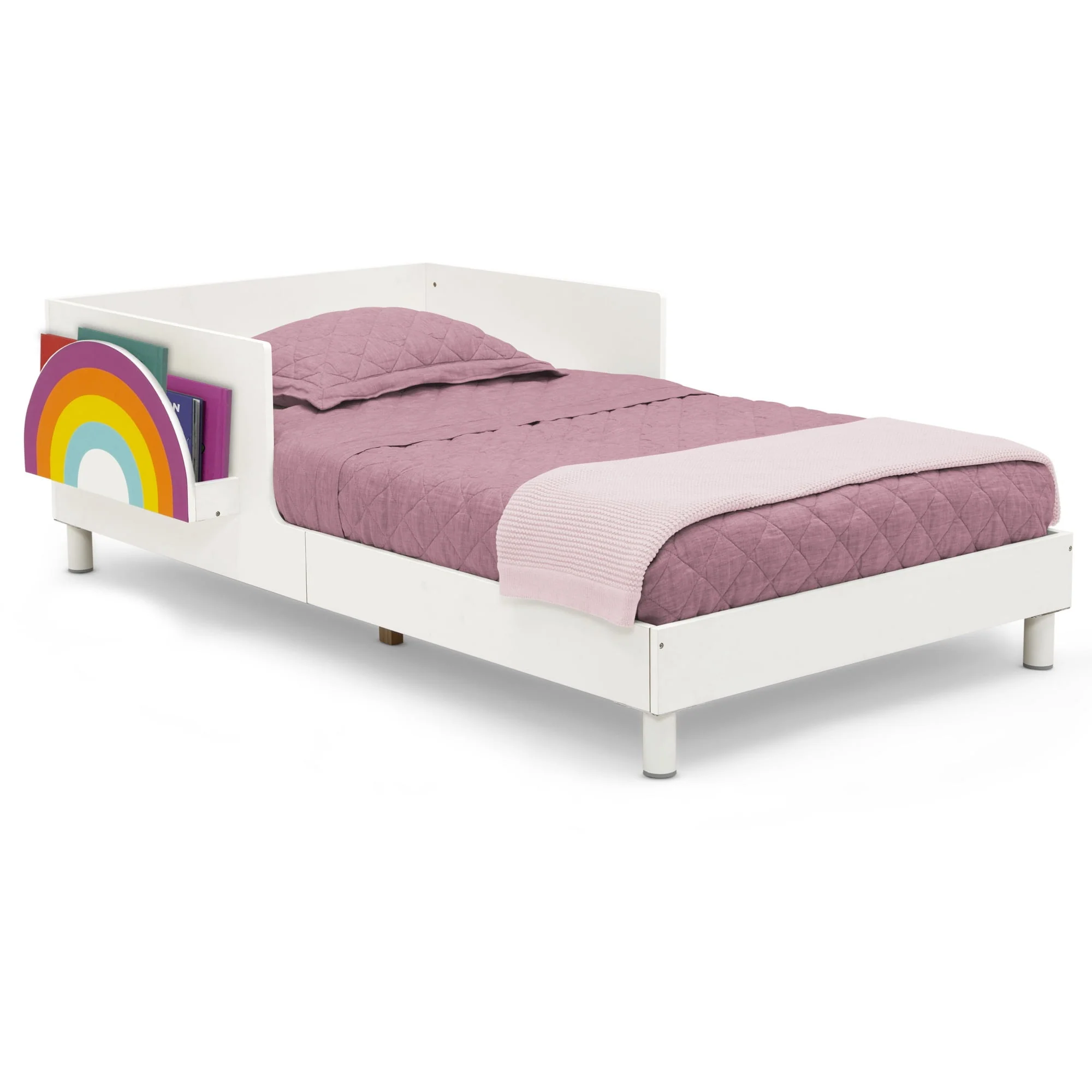 Delta Children Sleep N Store Toddler Bed with Interchangeable Shelf (Choose from Rainbow, Dinosaur or White Shelf), White