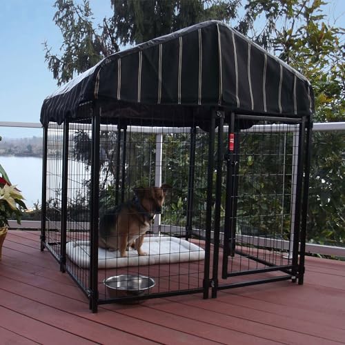Stay Series 4 by 4 by 4.3 Feet Studio Jr. Black Powder Coat Steel Frame Outdoor Dog Kennel with Waterproof Canopy Roof and Gate Door, Khaki