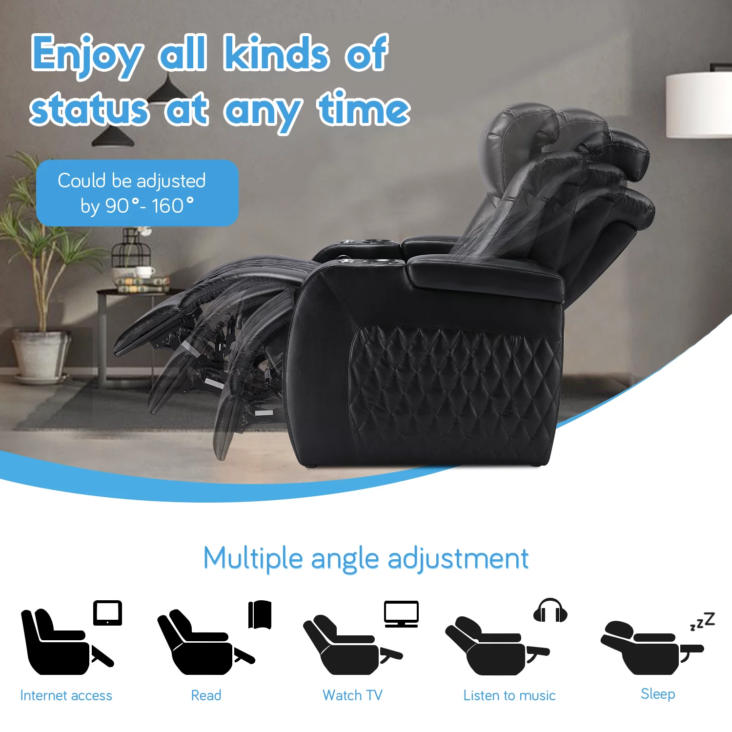 Weilianda Home Theater Seating Top Grain Leather Recliner Chair Dual Power Movie Gaming Sofa Electric Headrest with Tray Table Type-C USB Charge Cup