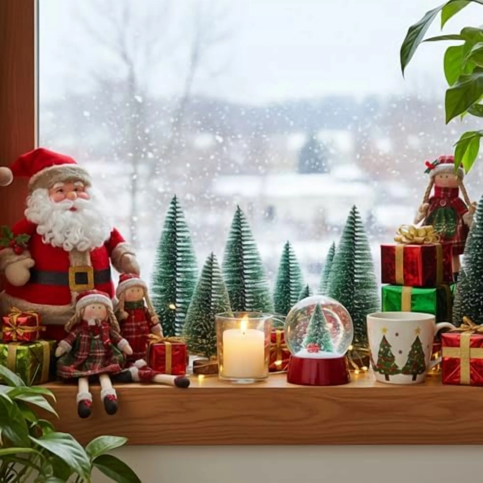 24 Pcs Bottle Brush Christmas Trees in 3 Size 18 Desktop Miniature Christmas Trees with 6 Nature Unfinished Round Wood Slices Table Decorations for