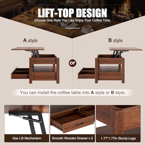 Rolanstar Coffee Table, Lift Top Coffee Table with Drawers and Hidden Compartment, Retro Central Table with Wooden Lift Tabletop, for Living Room