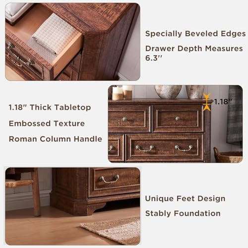T4TREAM Farmhouse 5 Drawers Dresser for Bedroom, 48" Tall Wood Rustic Chest of Drawers with Natural Texture, Vintage Design