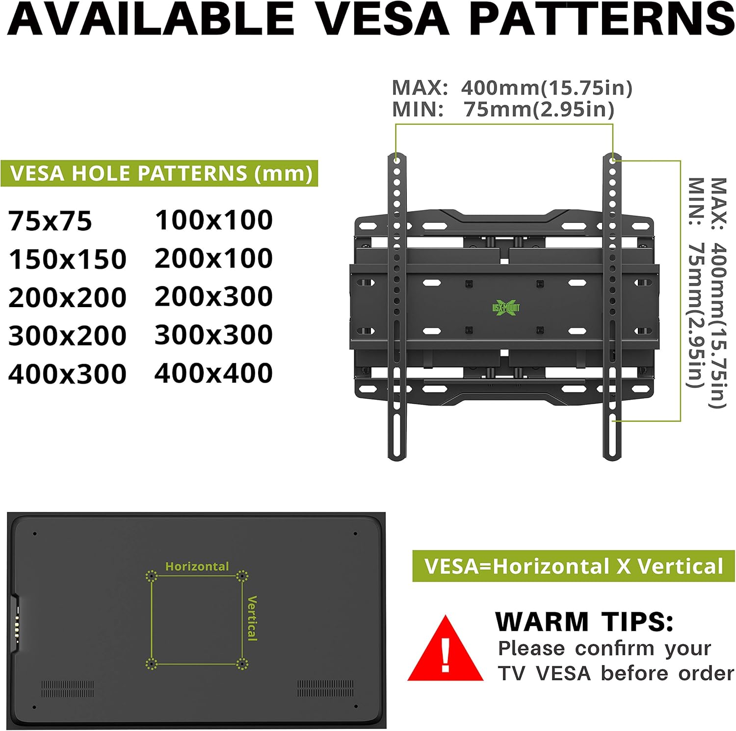USX MOUNT Full Motion TV Wall Mount with Height Setting for Most 32-65 inch Flat Screen/LED/4K TVs, Swivel/Tilt TV Mount Bracket Max VESA 400x400mm