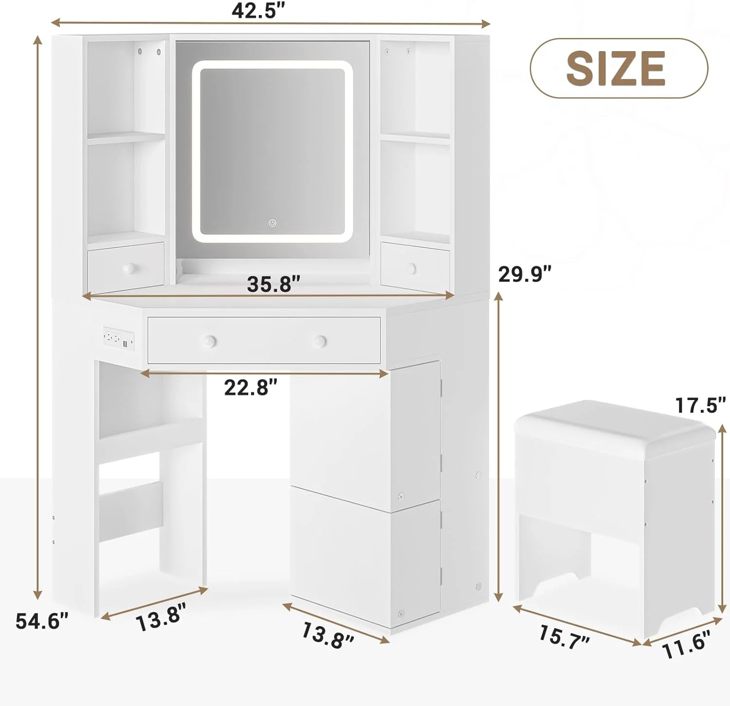 Makeup Corner Vanity Desk with with Mirror and Lights and Charging Station