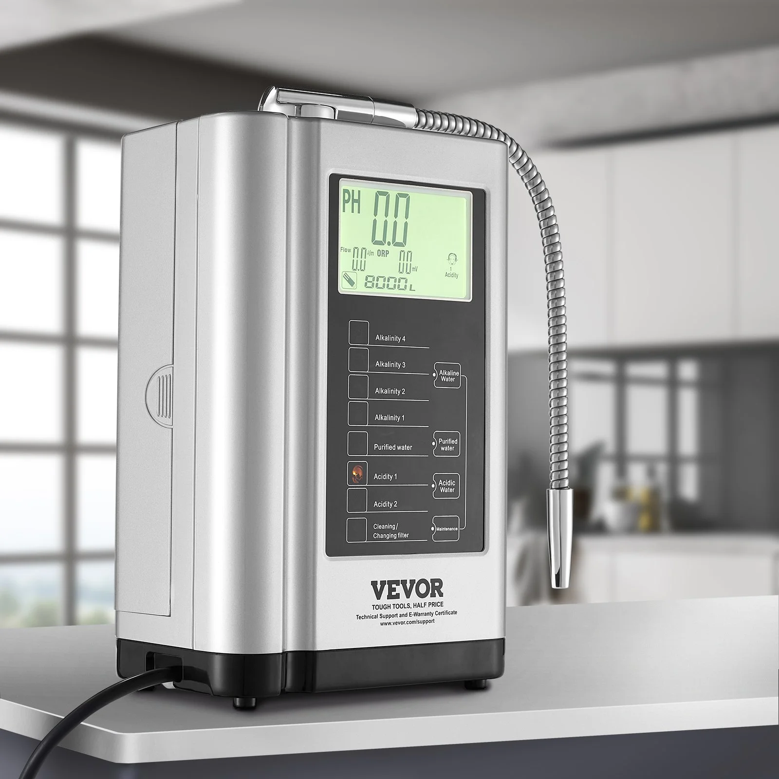 VEVOR Alkaline Water Ionizer Machine, pH 3.5-10.5, 7 Water Settings, -550mV ORP, 8000L Per Filter, Auto-Cleaning