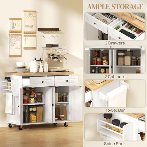 HOMCOM Kitchen Island on Wheels, Rolling Cart with Rubberwood Top, Spice Rack, Towel Rack and Drawers for Dining Room, Navy Blue