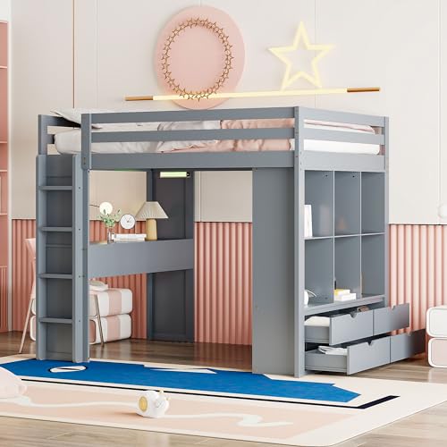 Full Size Loft Bed with Desk & Wardrobe, Solid Wood Kids Loft Bedframe w/3 Storage Drawers & 2 Shelves, Maximum Space Design, for Bedroom, Dorm, Gray