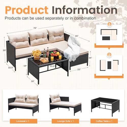 Devoko Outdoor Patio Furniture 3-Piece Rattan Waterproof Outdoor Sectional Sofa All-Weather L Shaped Patio Couch with Cushion Glass Table for Balcony