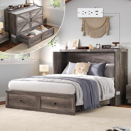 Full Size Murphy Bed with Charging Station, Cabinet Bed with Large Storage Drawer for Home Office or Small Room, Full Foldable Platform Bed, White
