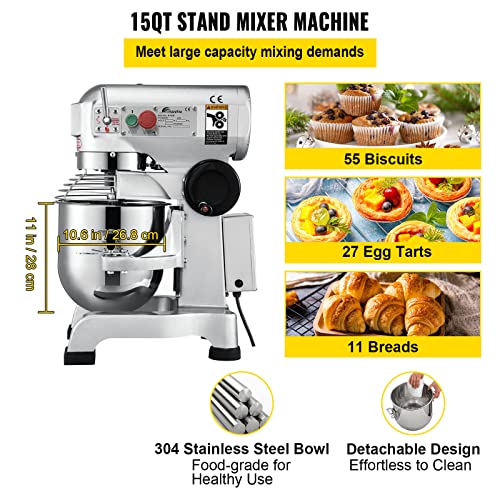 Happybuy Commercial Food Mixer 3 Speeds Adjustable Heavy Duty 110V with Stainless Steel Bowl Dough Hooks Whisk Beater Premium for Schools Bakeries