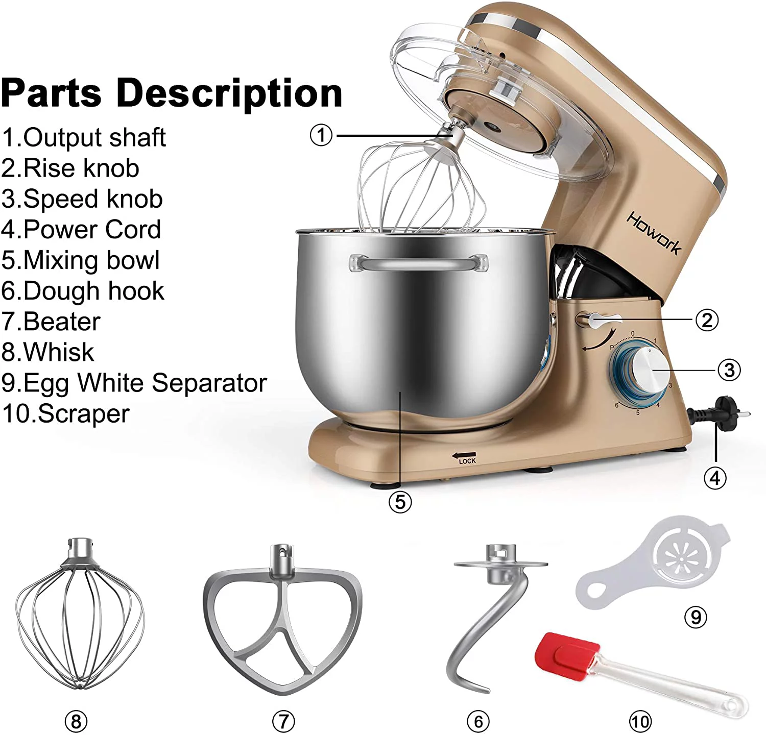 HOWORK Stand Mixer, 8.45 QT Bowl 660W Food Mixer, Multi Functional Kitchen Electric Mixer With Dough Hook, Whisk, Beater (8.45 QT, Champagne Gold)