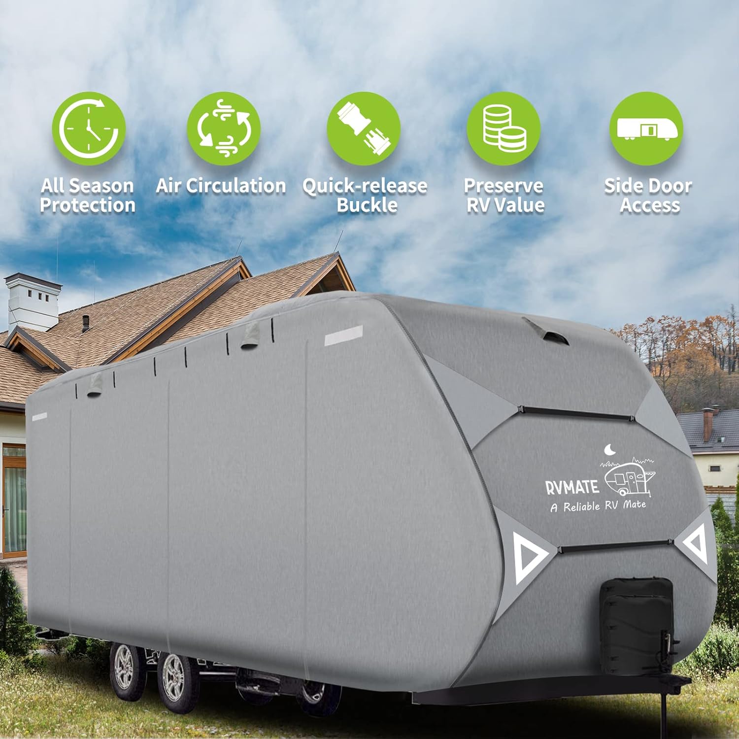 RVMATE Travel Trailer Cover, RV Cover for 24’-27’, Camper Cover with Quick Side Door Access, Air Vent Design, with Maintenance Accessory