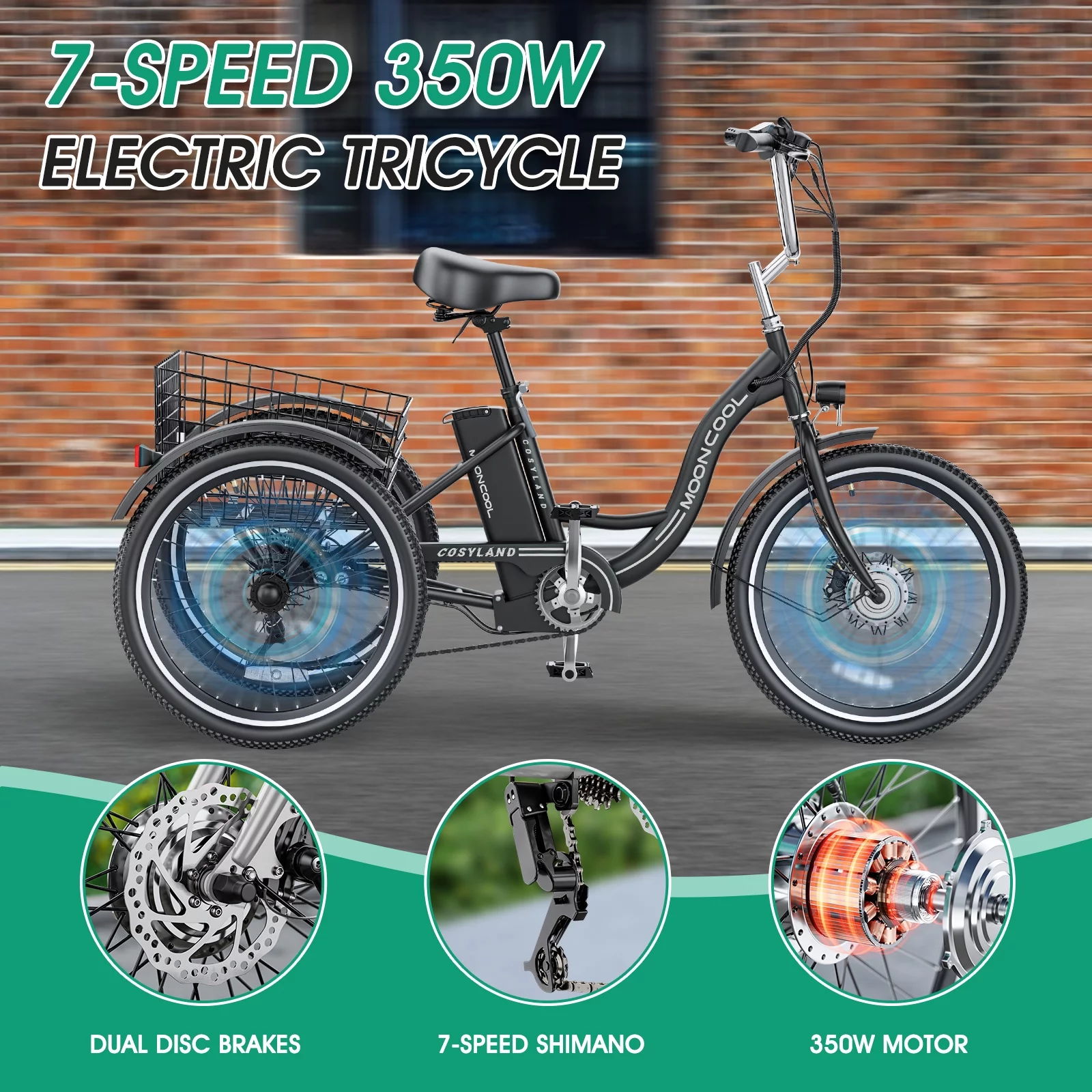 Mooncool 24 26 3 Wheel Electric Tricycle for Adults