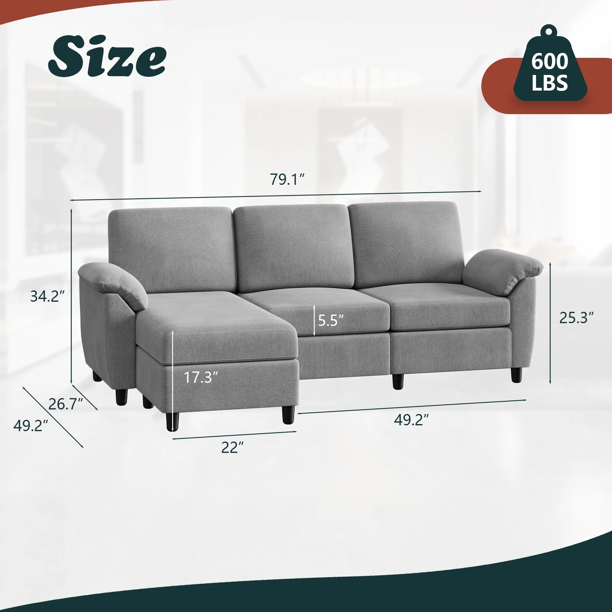 Walsunny 79 Convertible Sectional Sofa Couch,Linen Fabric L Shaped Sofa with Removable Pillows Dark Gray