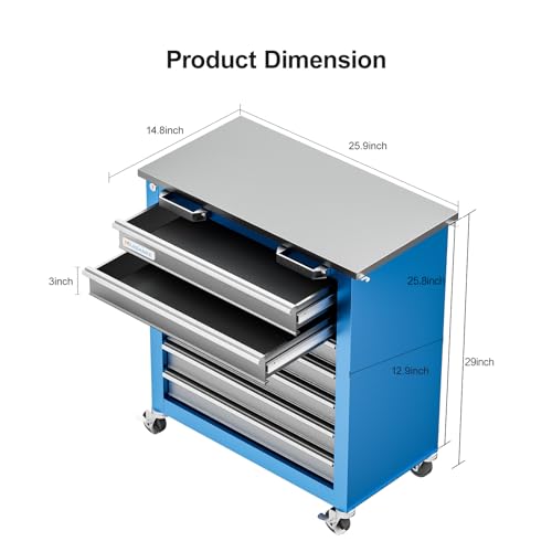7-Drawer Rolling Toolbox,Tool Box with 360° Lockable Wheels and Padded Feet,Tool Chest with Keyed Locking System and Drawer Liners