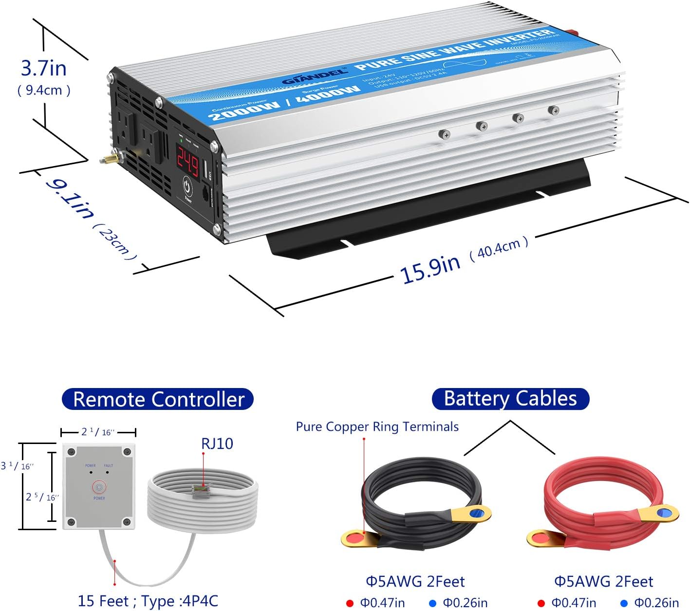 GIANDEL 24 Volt 2000W Pure Sine Wave Power Inverter DC 24V to AC120V with Dual AC Outlets with Remote Control 2.4A USB and LED Display