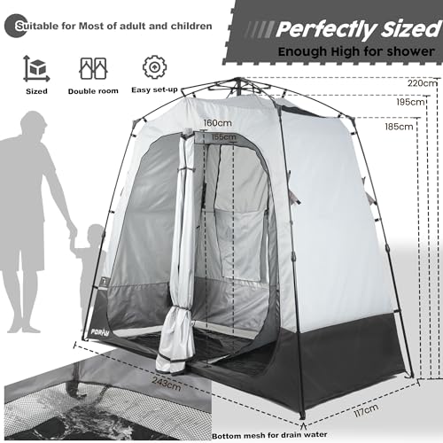 Camping Shower Tent Deluxe Changing Room Easy Set Up Privacy Shelter,Large Toilet Tent 2 Rooms with Floor Drain Design for Beach, Camping