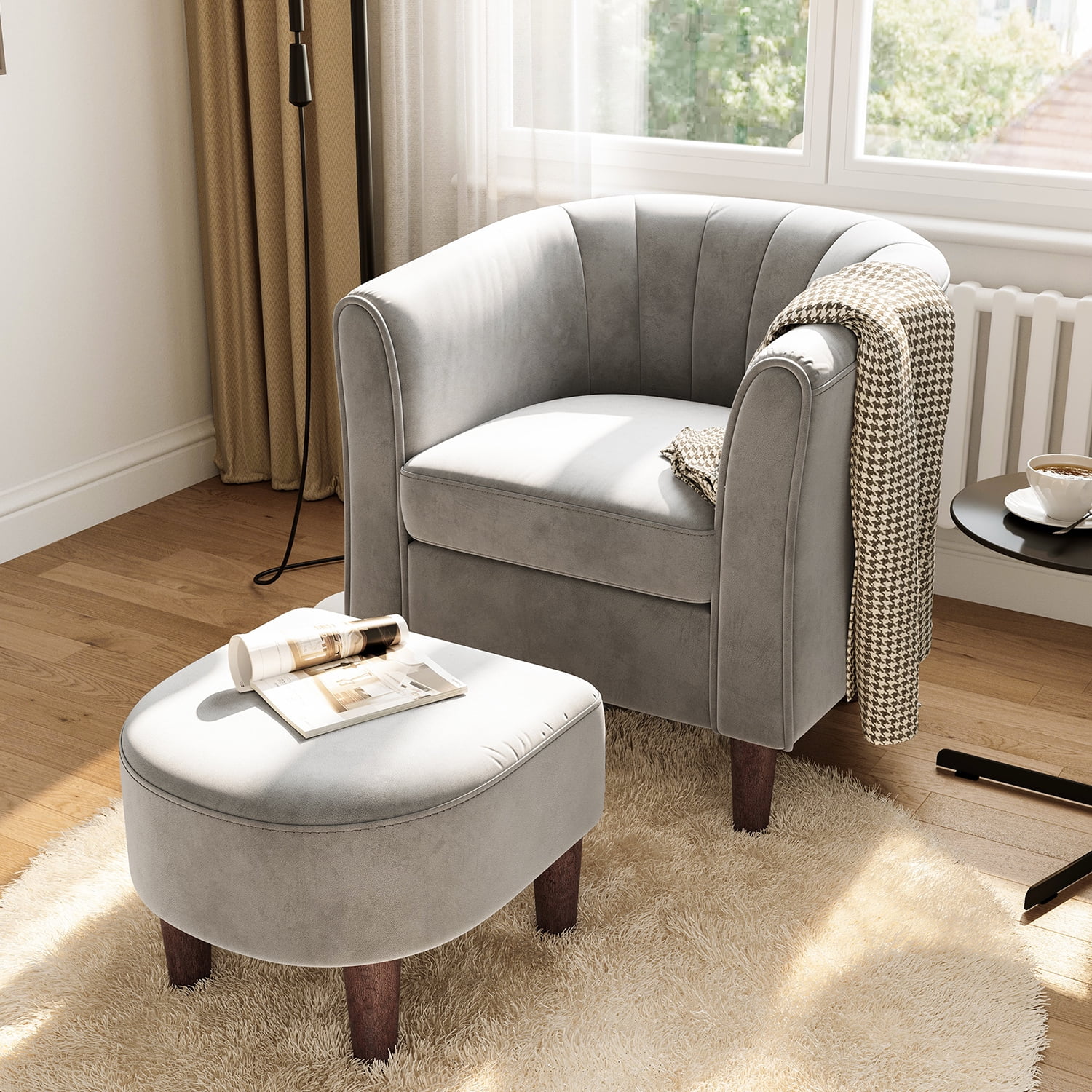 LINSY HOME Velvet Accent Chair with Ottoman for Living Room, Light Grey - Radiant Selections