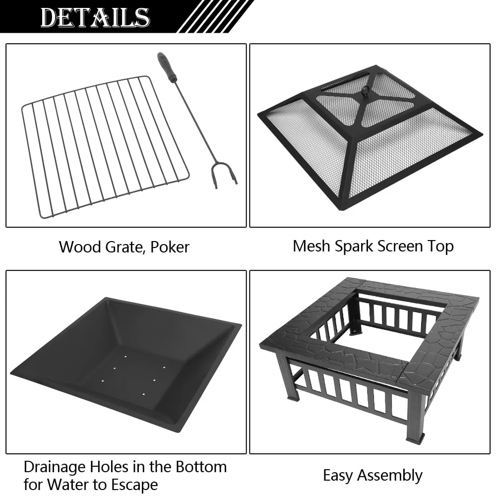 UBesGoo 32 Wood Burning Firepit Garden Square Fire Pit Stove Fire Bowl Patio Firepits Outdoor Black