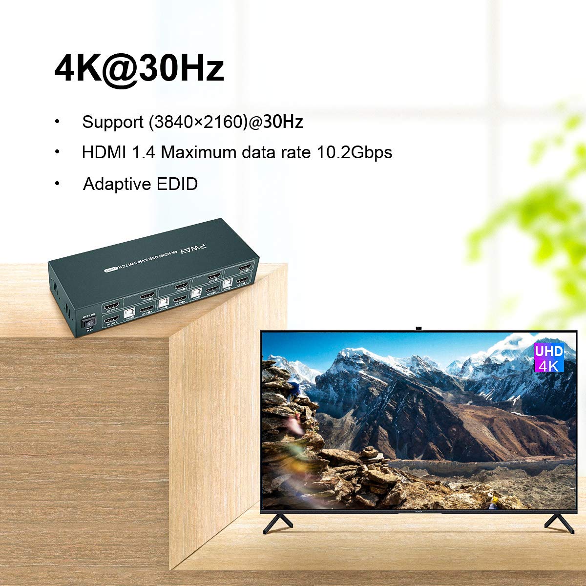 HDMI KVM Switch Dual Monitor Extended Display 4 Port, 2 USB 2.0 Hub, UHD 4K@30Hz YUV4:4:4 Downward Compatible, Hotkey Switch, with All Needed Cables