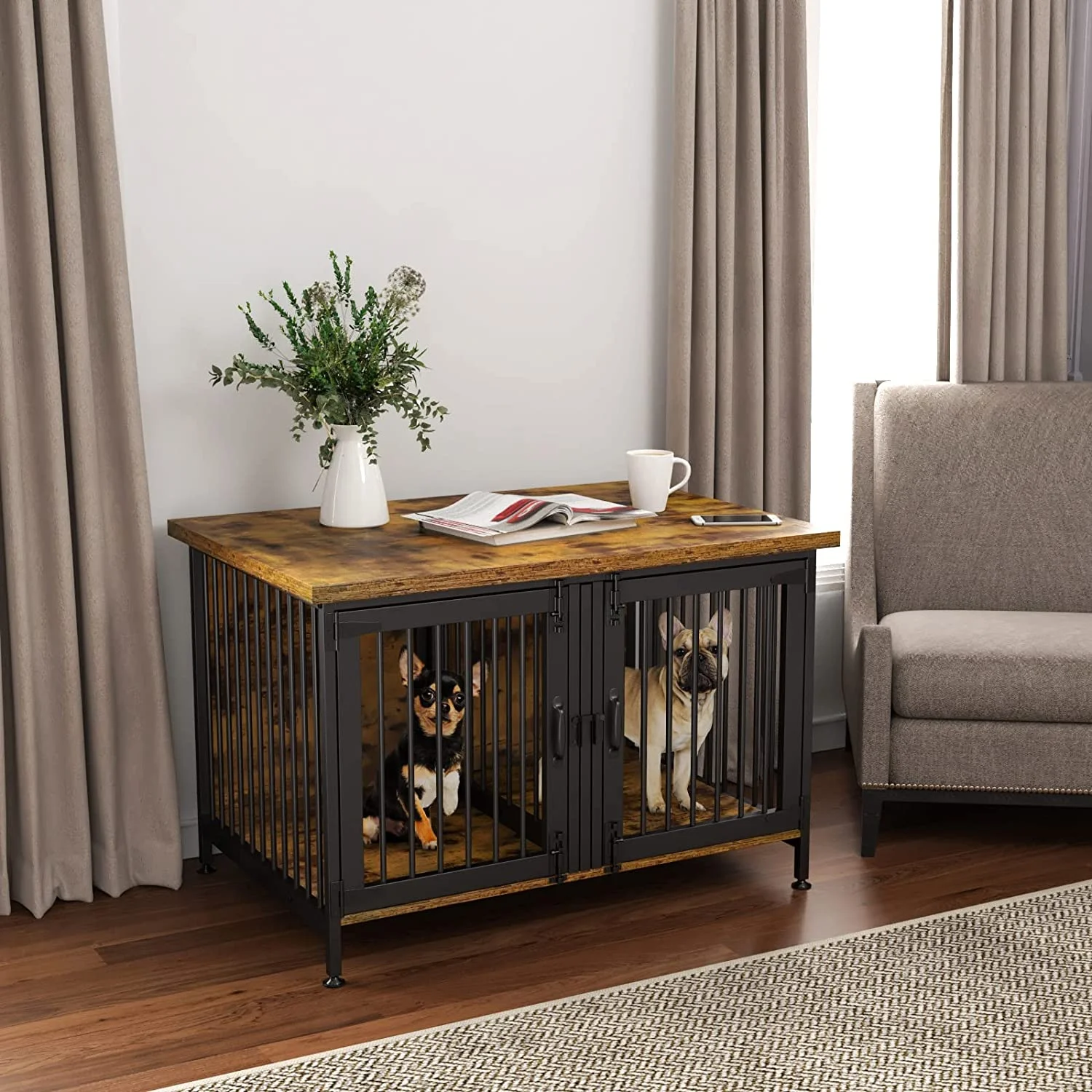 Double Dog Crate with Divider for 2 Small Dogs or 1 Dog, Furniture Style Kennel Indoor Cage with Removable Panel (Int.dims:36.2”Wx24.5”Dx21”H)