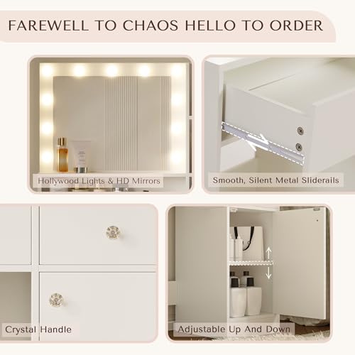 Vanity Desk with Mirror and Lights, Diamond Edition Vanity Desk, Makeup Vanity Table with 3 Drawers & 5 Open Shelves